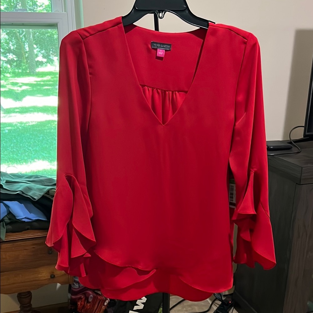 Vince Camuto Red V-Neck Ruffle Sleeve Blouse NWT